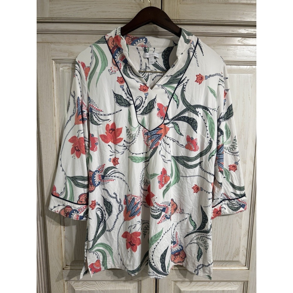 Charter Club Knit Tunic Top womens Sz Large Cream Floral Art V Neck Popover